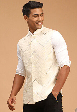 Embroidered Viscose Nehru Jacket in Cream
