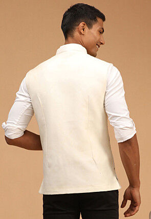 Embroidered Viscose Nehru Jacket in Cream