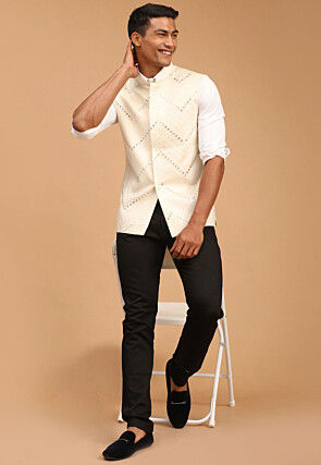 Embroidered Viscose Nehru Jacket in Cream