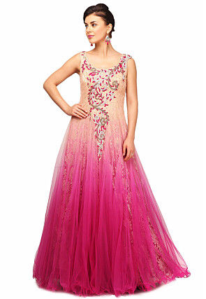 Embroidered Viscose Net Gown in Light Peach and Fuchsia