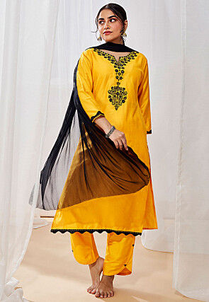 Embroidered Viscose Silk Pakistani Suit in Yellow