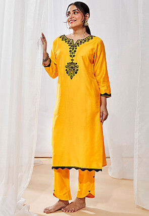 Embroidered Viscose Silk Pakistani Suit in Yellow