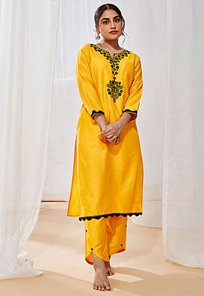 Embroidered Viscose Silk Pakistani Suit in Yellow