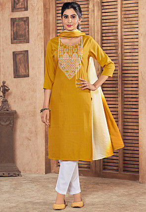 Embroidered Viscose Pakistani Suit in Mustard