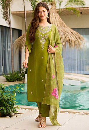 Embroidered Viscose Pakistani Suit in Olive Green