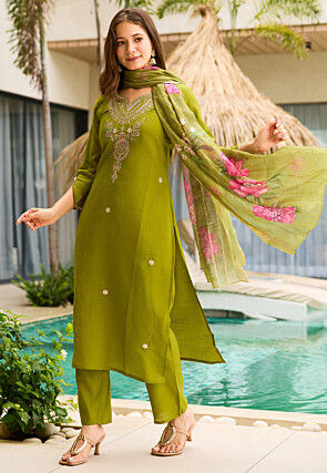 Embroidered Viscose Pakistani Suit in Olive Green