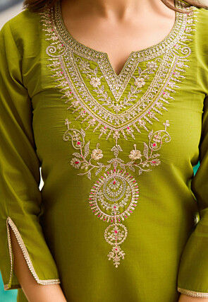 Embroidered Viscose Pakistani Suit in Olive Green