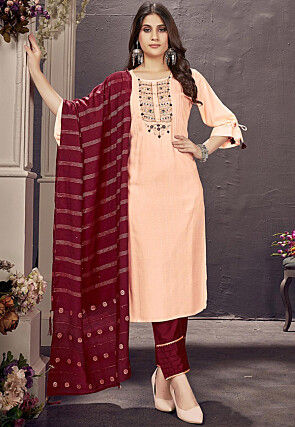 embroidered viscose pakistani suit in peach v1