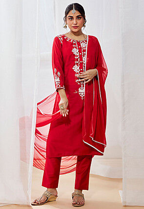 Embroidered Viscose Pakistani Suit in Red