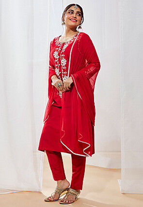 Embroidered Viscose Pakistani Suit in Red