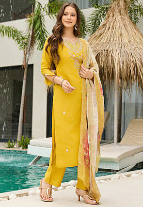 Embroidered Viscose Pakistani Suit in Yellow