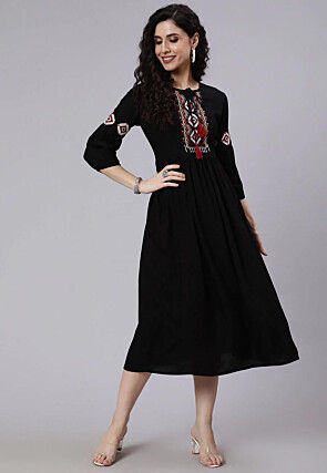Embroidered Viscose Rayon A Line Dress in Black