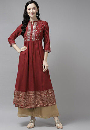 Embroidered Viscose Rayon A Line Kurta in Maroon