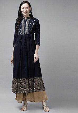 Embroidered Viscose Rayon A Line Kurta in Navy Blue