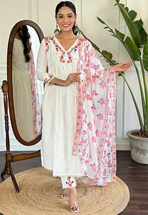 Embroidered Viscose Rayon A Line Suit in White