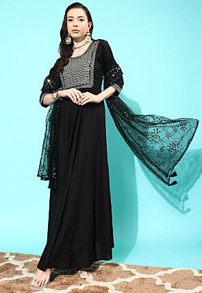Embroidered Viscose Rayon Abaya Style Suit in Black