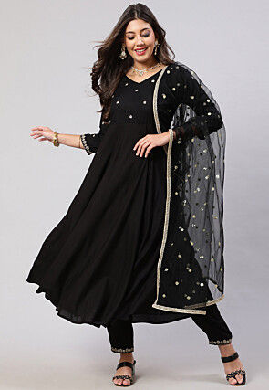 Embroidered Viscose Rayon Aline Suit in Black