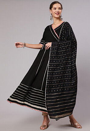 Embroidered Viscose Rayon Anarkali Suit in Black