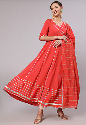 Embroidered Viscose Rayon Anarkali Suit in Red