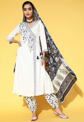 Embroidered Viscose Rayon Angrakha Style Punjabi Suit in White