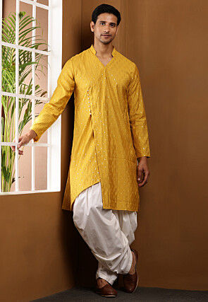 Embroidered Viscose Rayon Asymmetric Kurta Set in Mustard