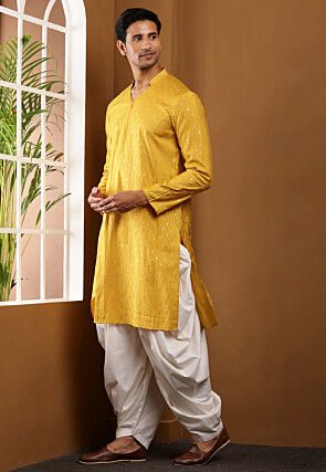 Embroidered Viscose Rayon Asymmetric Kurta Set in Mustard