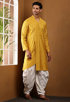 Embroidered Viscose Rayon Asymmetric Kurta Set in Mustard