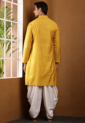 Embroidered Viscose Rayon Asymmetric Kurta Set in Mustard