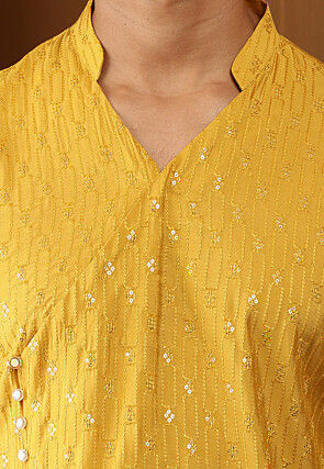 Embroidered Viscose Rayon Asymmetric Kurta Set in Mustard