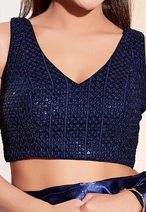 Embroidered Viscose Rayon Blouse in Navy Blue