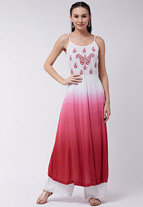 Embroidered Viscose Rayon Crushed A Line Kurta in Shaded White and Old Rose