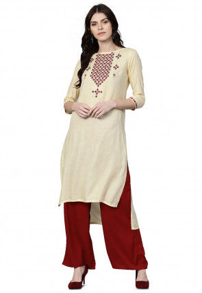 Embroidered Viscose Rayon High Low Kurta with Palazzo in Cream