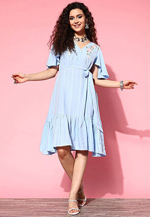 Embroidered Viscose Rayon Jacquard Fit N Flare Dress in Blue
