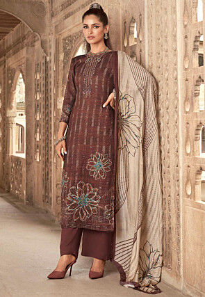 Embroidered Viscose Rayon Jacquard Pakistani Suit in Brown