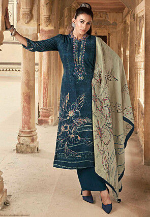 Embroidered Viscose Rayon Jacquard Pakistani Suit in Teal Blue