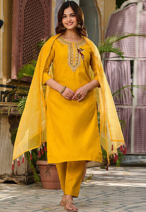 Embroidered Viscose Rayon Jacquard Pakistani Suit in Yellow