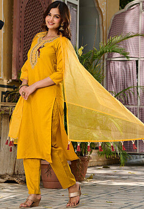 Embroidered Viscose Rayon Jacquard Pakistani Suit in Yellow