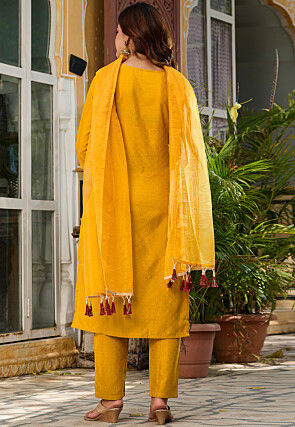 Embroidered Viscose Rayon Jacquard Pakistani Suit in Yellow