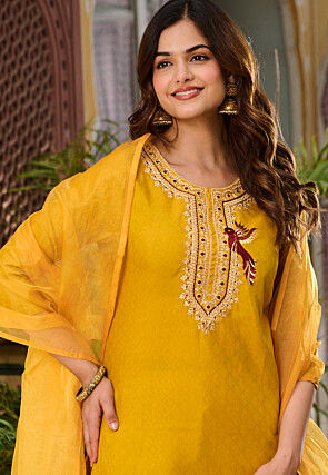 Embroidered Viscose Rayon Jacquard Pakistani Suit in Yellow