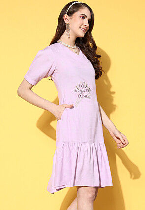 Embroidered Viscose Rayon Jacquard Sheath Dress in Light Purple