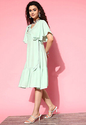 Embroidered Viscose Rayon Jacquard Sheath Dress in Pastel Green