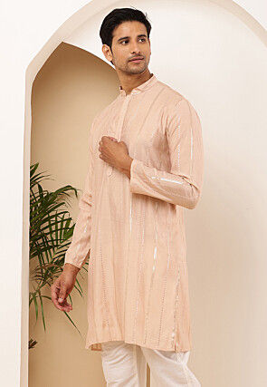 Embroidered Viscose Rayon Kurta in Light Peach