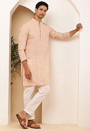 Embroidered Viscose Rayon Kurta in Light Peach