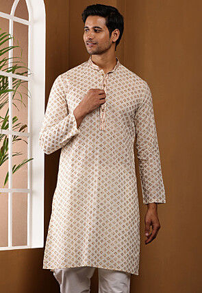 Embroidered Viscose Rayon Kurta in Off White