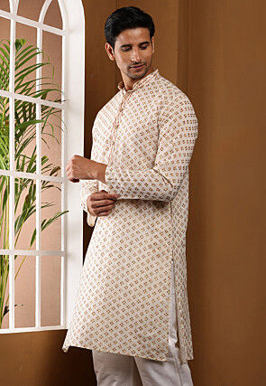 Embroidered Viscose Rayon Kurta in Off White