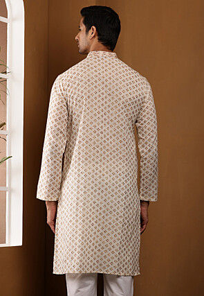 Embroidered Viscose Rayon Kurta in Off White