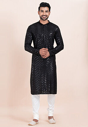 Embroidered Viscose Rayon Kurta Set in Black