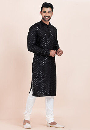 Embroidered Viscose Rayon Kurta Set in Black