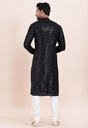 Embroidered Viscose Rayon Kurta Set in Black
