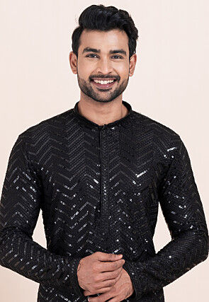 Embroidered Viscose Rayon Kurta Set in Black